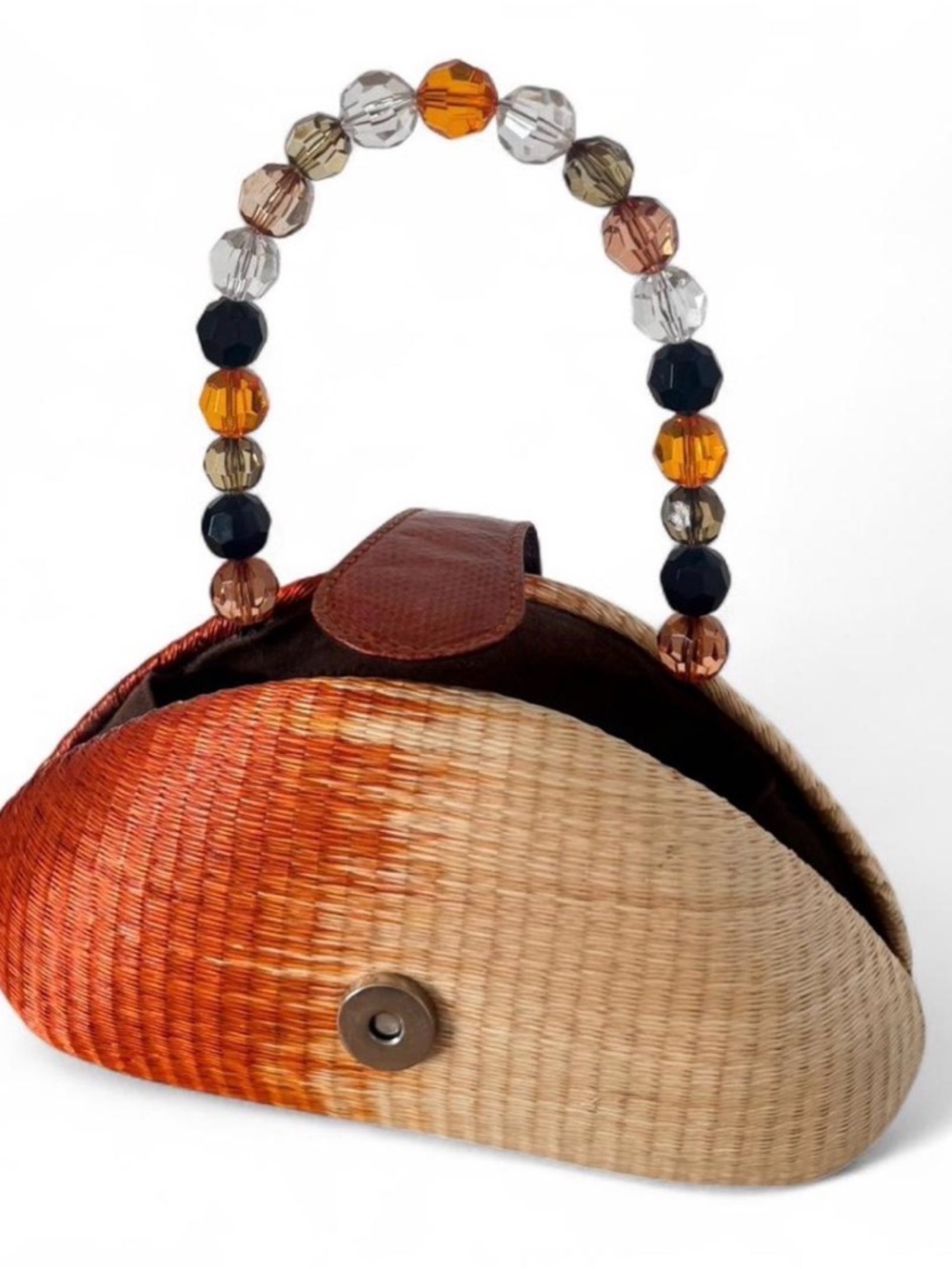 Straw Mini Bag with Amber Beaded Handle - Brown/Orange - Picture 5 of 6